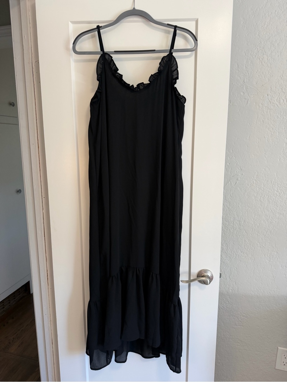 Black Ruffled Slip Maxi Dress with Adjustable Straps